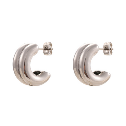 C-Shaped Double Hoop Earrings - Pair - Stainless Steel