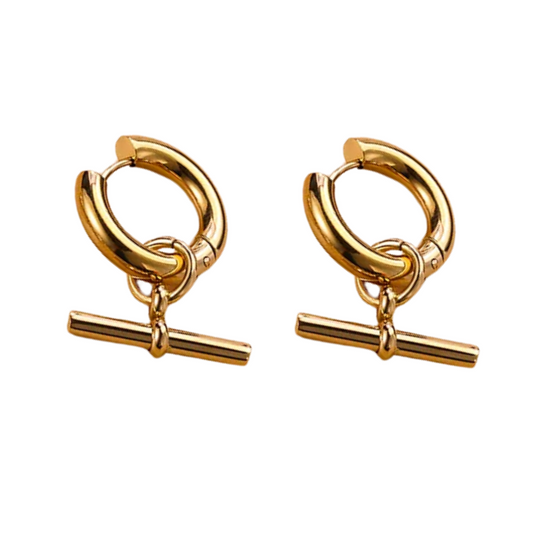 Dangling Bar Huggie Hoop Earrings - Pair - Gold Plated Stainless Steel