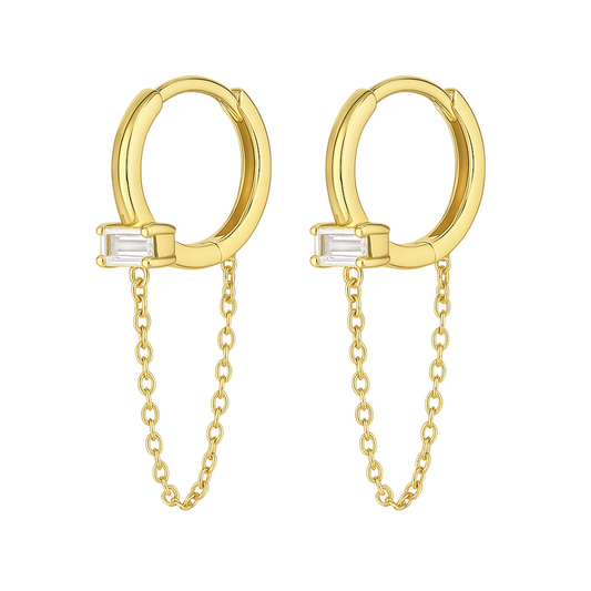Zircon Crystal with Dangling Chain Hoop Earrings - Pair - Gold Plated 925 Sterling Silver
