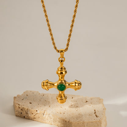 Stone Center Cross Pendant Necklace - 18k Gold Plated Stainless Steel