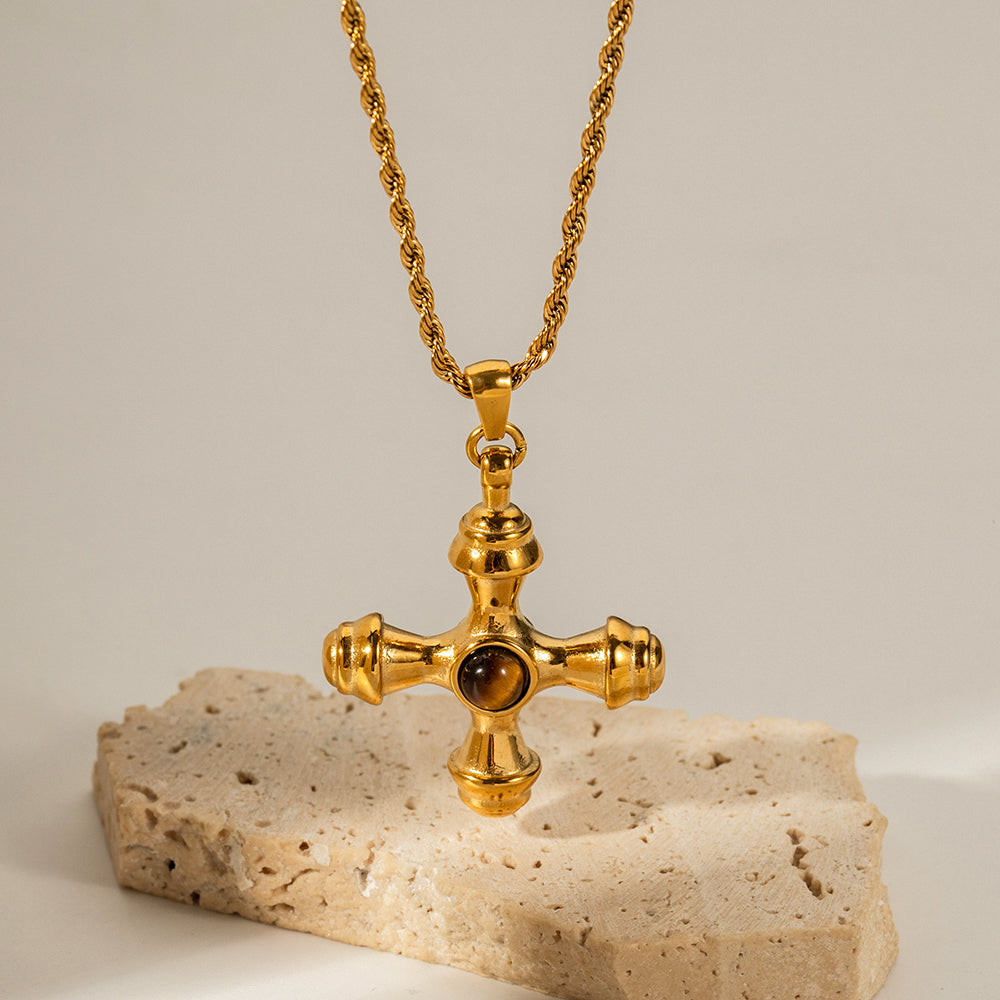 Stone Center Cross Pendant Necklace - 18k Gold Plated Stainless Steel