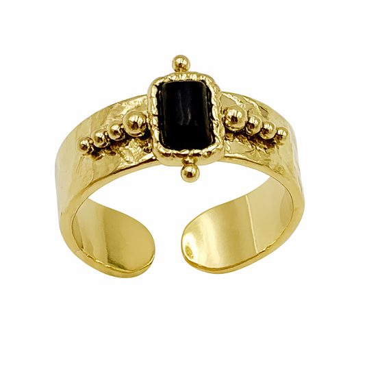 Beaded Black Gem Adjustable Ring - 14k Gold Plated 304 Stainless Steel