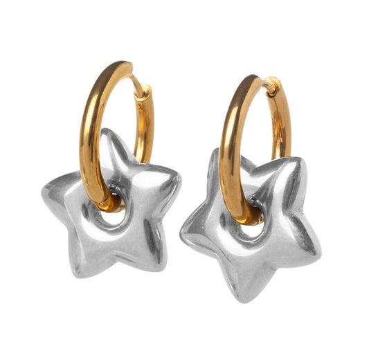 Puffy Star Huggie Hoop Earrings - Pair - Stainless Steel