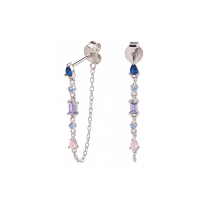 Pink Purple and Blue Crystal Stud Earrings with Connecting Chain - 925 Sterling Silver