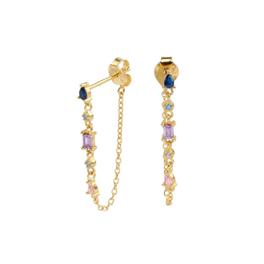 Pink Purple and Blue Crystal Stud Earrings with Connecting Chain - 925 Sterling Silver