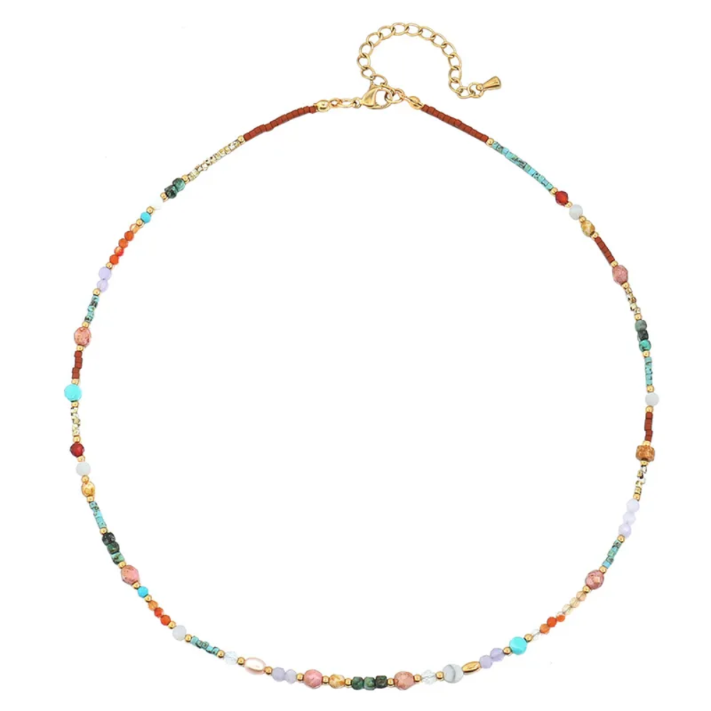 Pastel Natural Stone Beaded Necklace - Gold Plated Stainless Steel
