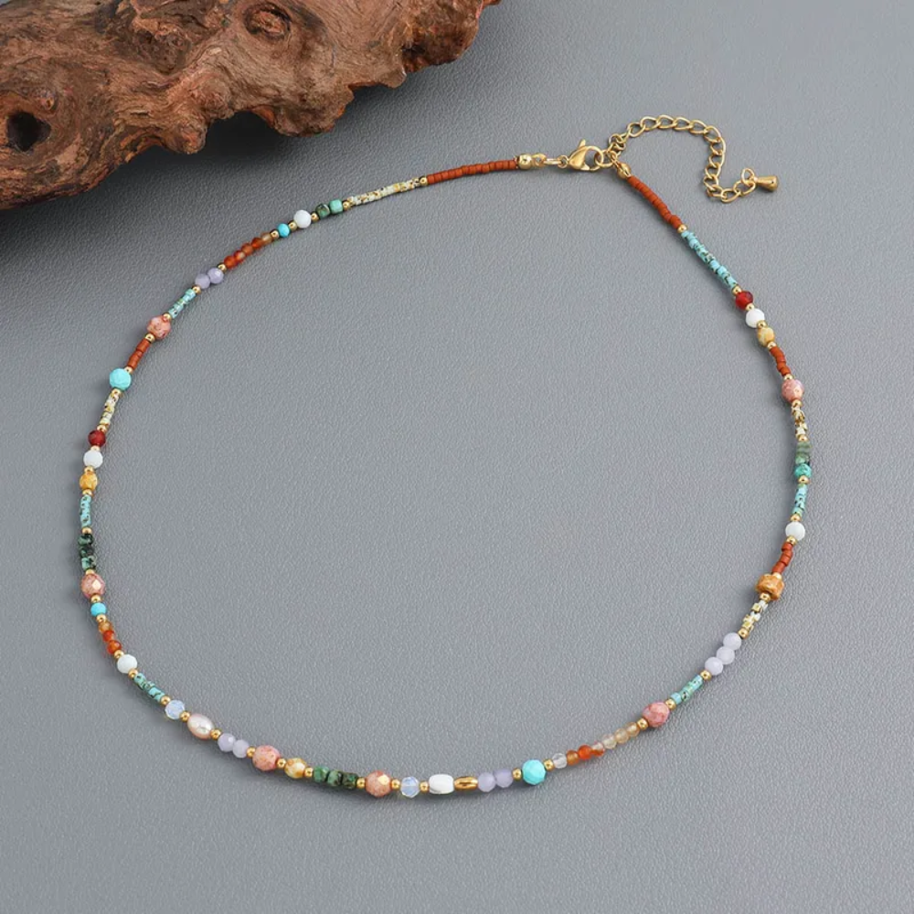 Pastel Natural Stone Beaded Necklace - Gold Plated Stainless Steel