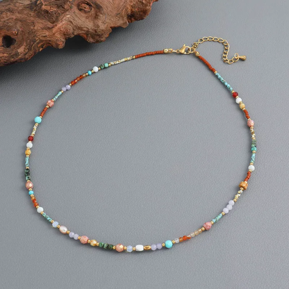 Pastel Natural Stone Beaded Necklace - Gold Plated Stainless Steel