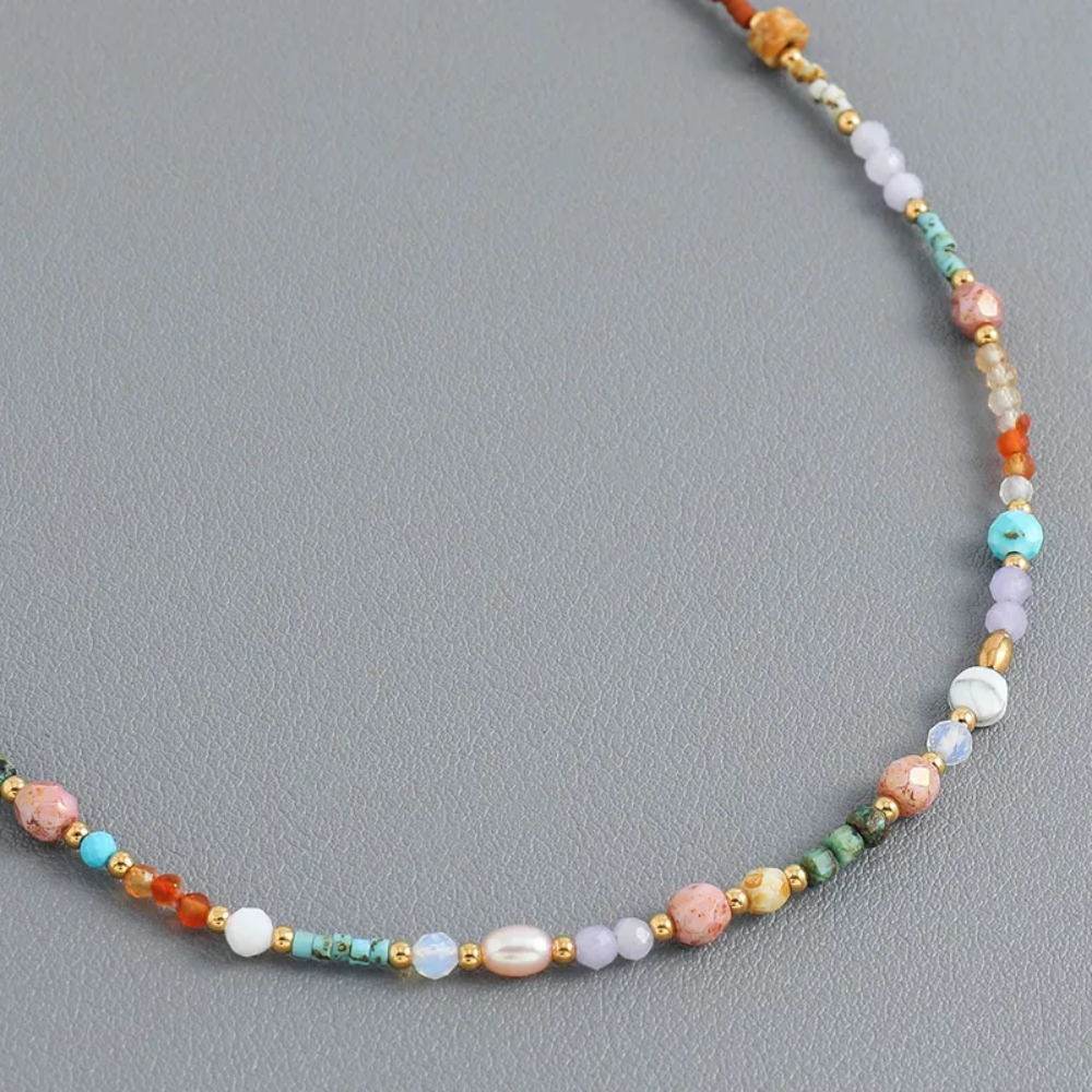 Pastel Natural Stone Beaded Necklace - Gold Plated Stainless Steel