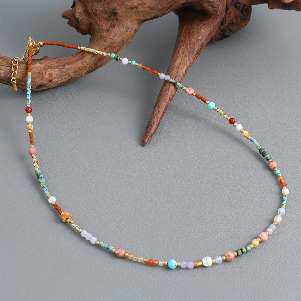 Pastel Natural Stone Beaded Necklace - Gold Plated Stainless Steel
