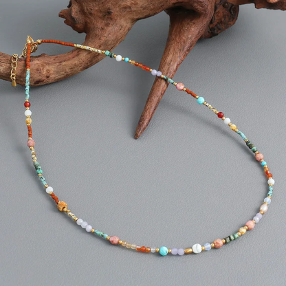 Pastel Natural Stone Beaded Necklace - Gold Plated Stainless Steel