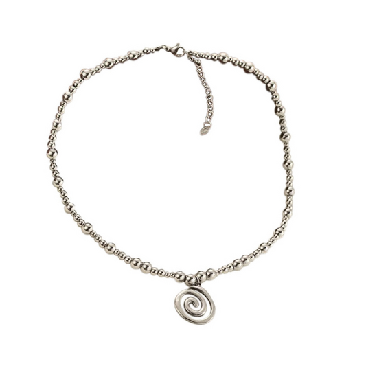 Beaded Spiral Pendant Necklace - Stainless Steel