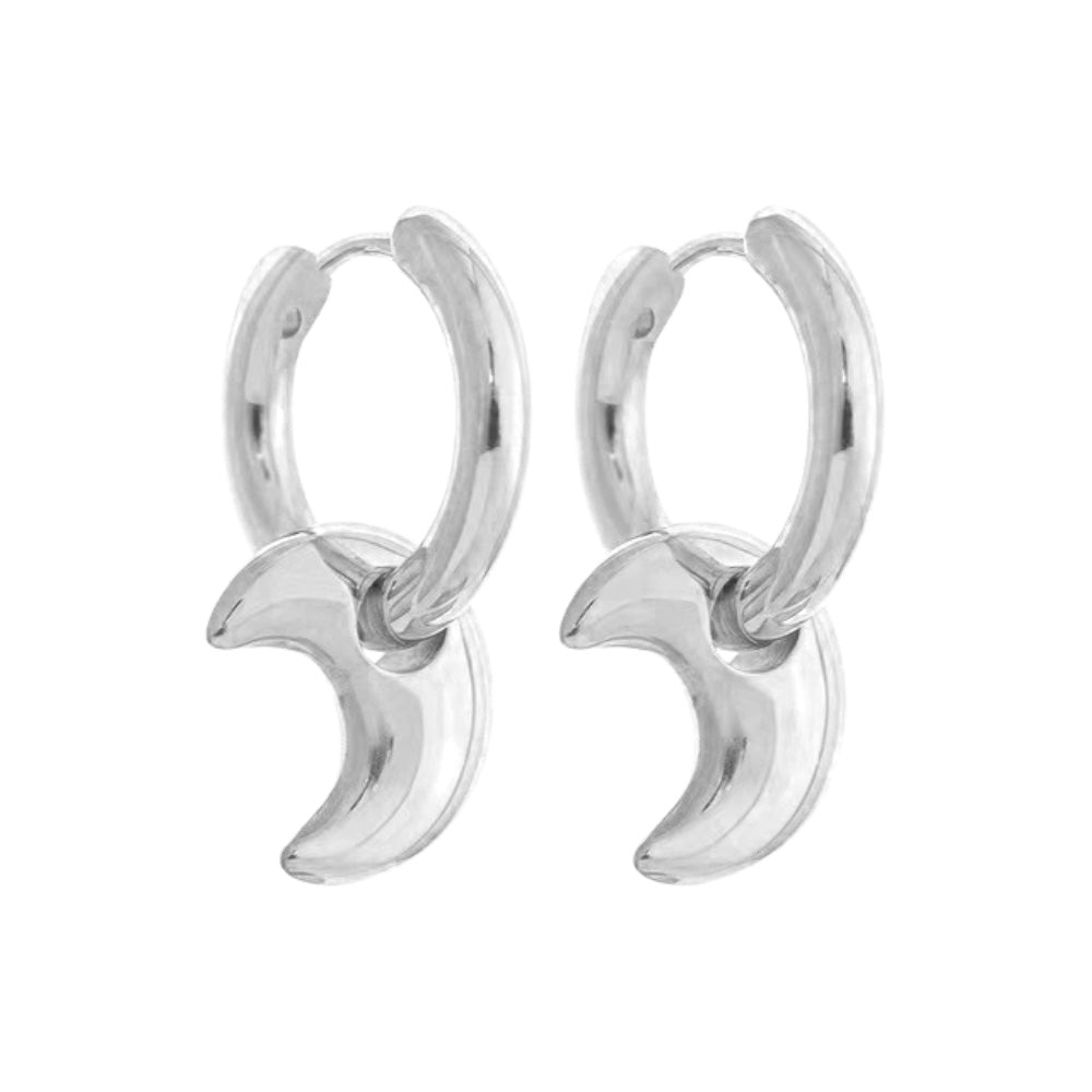 Crescent Moon Huggie Hoop Earrings - Pair - Stainless Steel