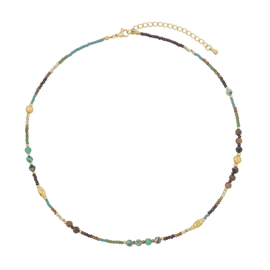 Brown and Turquoise Natural Stone Beaded Necklace - Gold Plated Stainless Steel