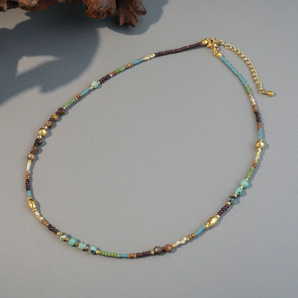 Brown and Turquoise Natural Stone Beaded Necklace - Gold Plated Stainless Steel