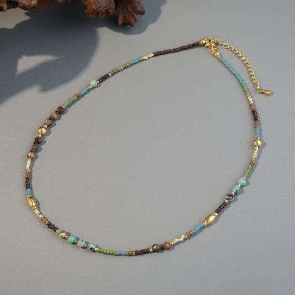 Brown and Turquoise Natural Stone Beaded Necklace - Gold Plated Stainless Steel