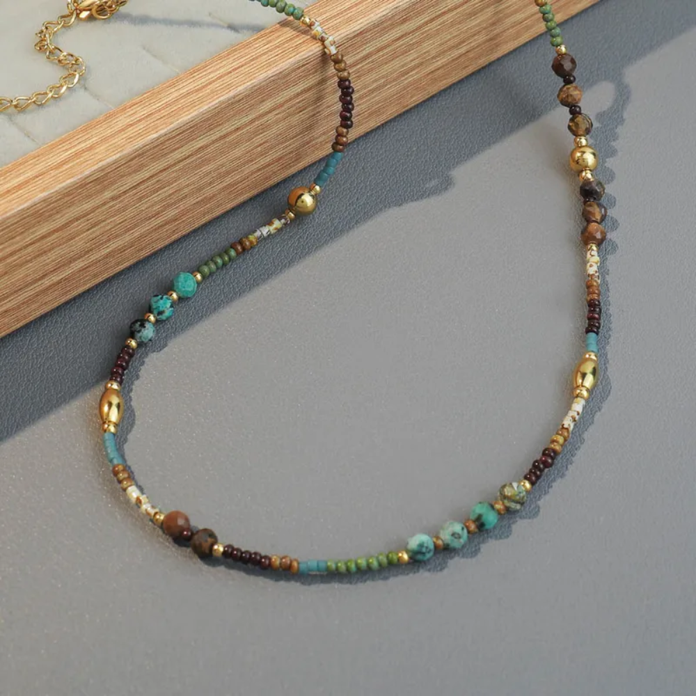 Brown and Turquoise Natural Stone Beaded Necklace - Gold Plated Stainless Steel