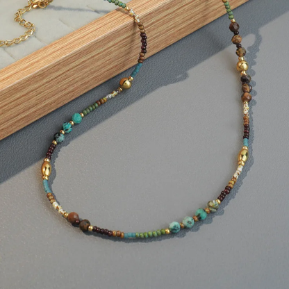 Brown and Turquoise Natural Stone Beaded Necklace - Gold Plated Stainless Steel