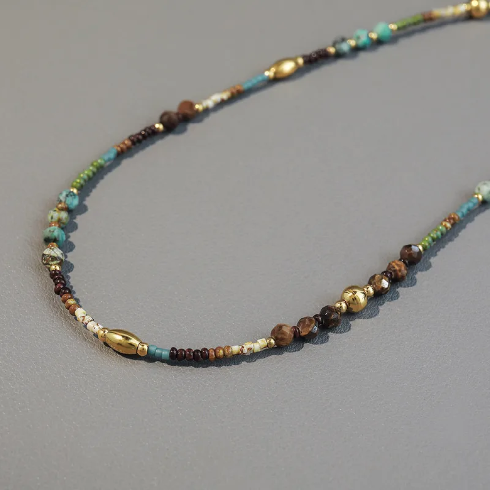 Brown and Turquoise Natural Stone Beaded Necklace - Gold Plated Stainless Steel