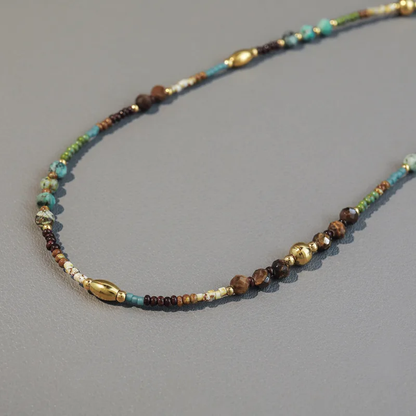 Brown and Turquoise Natural Stone Beaded Necklace - Gold Plated Stainless Steel