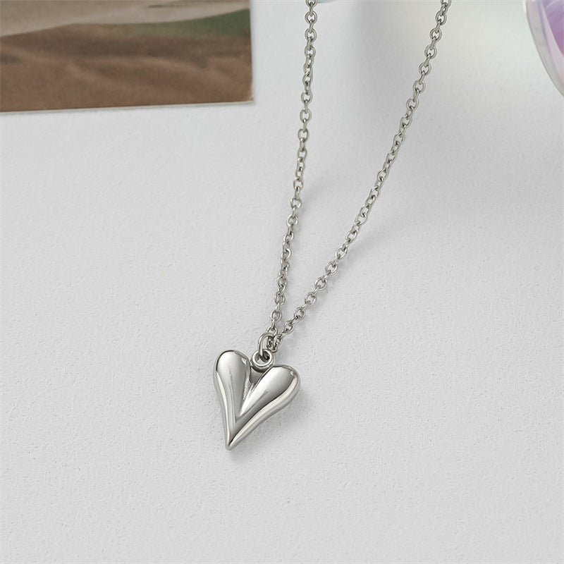 Puffy Heart Pendant Necklace - Stainless Steel