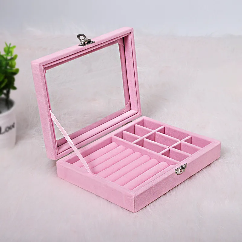 Velvet Multi-Compartment and Ring Display Jewelry Organizer Box with Glass Lid