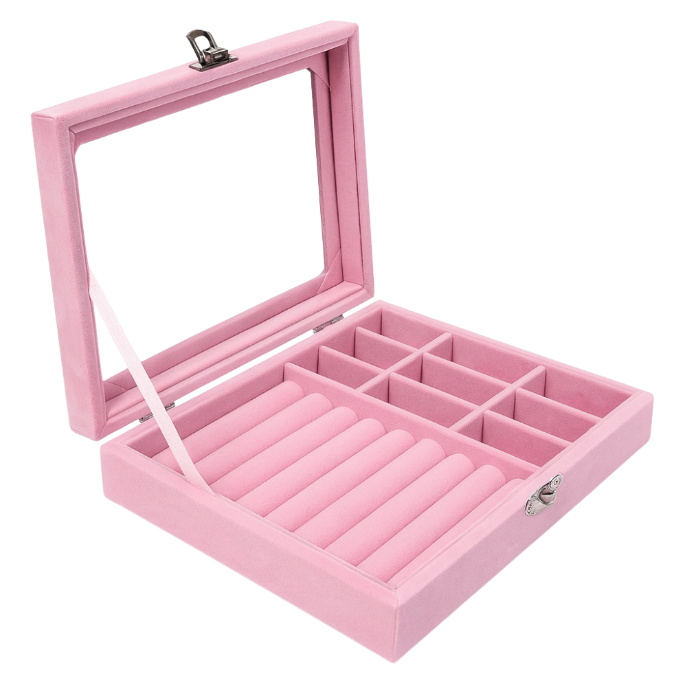 Velvet Multi-Compartment and Ring Display Jewelry Organizer Box with Glass Lid