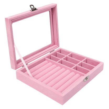Velvet Multi-Compartment and Ring Display Jewelry Organizer Box with Glass Lid