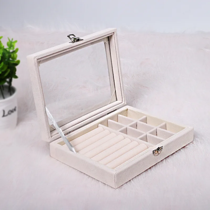 Velvet Multi-Compartment and Ring Display Jewelry Organizer Box with Glass Lid