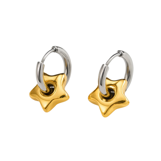 Mini Puffy Star Huggie Hoop Earrings - Pair - Stainless Steel