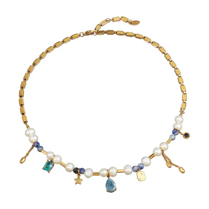 Gold Plated Pearl and Blue Gem Charm Necklace