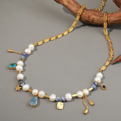 Gold Plated Pearl and Blue Gem Charm Necklace