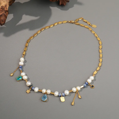 Gold Plated Pearl and Blue Gem Charm Necklace