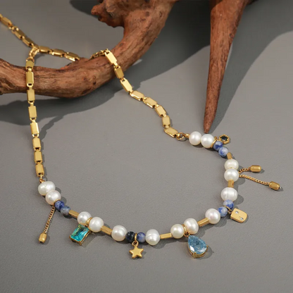 Gold Plated Pearl and Blue Gem Charm Necklace