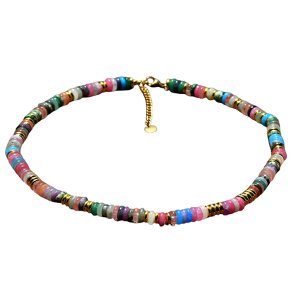 Multicolor Stones Natural Stone and Golden Discs Beaded Necklace - Gold Plated 316 Stainless Steel