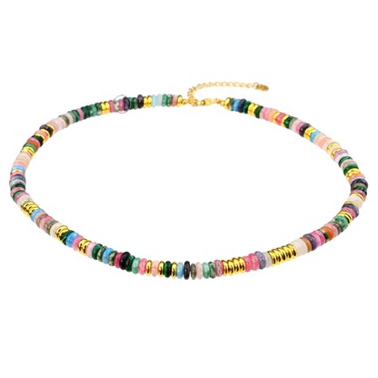 Multicolor Stones Natural Stone and Golden Discs Beaded Necklace - Gold Plated 316 Stainless Steel