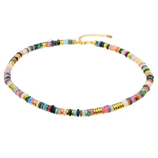 Multicolor Stones Natural Stone and Golden Discs Beaded Necklace - Gold Plated 316 Stainless Steel
