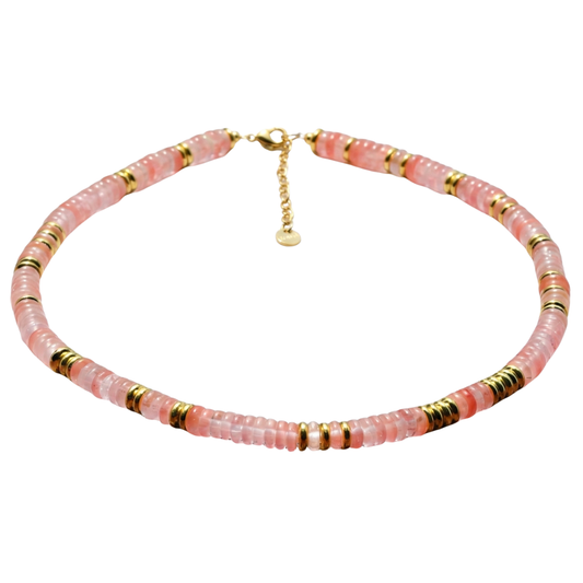 Cherry Crystal Natural Stone and Golden Discs Beaded Necklace - Gold Plated 316 Stainless Steel