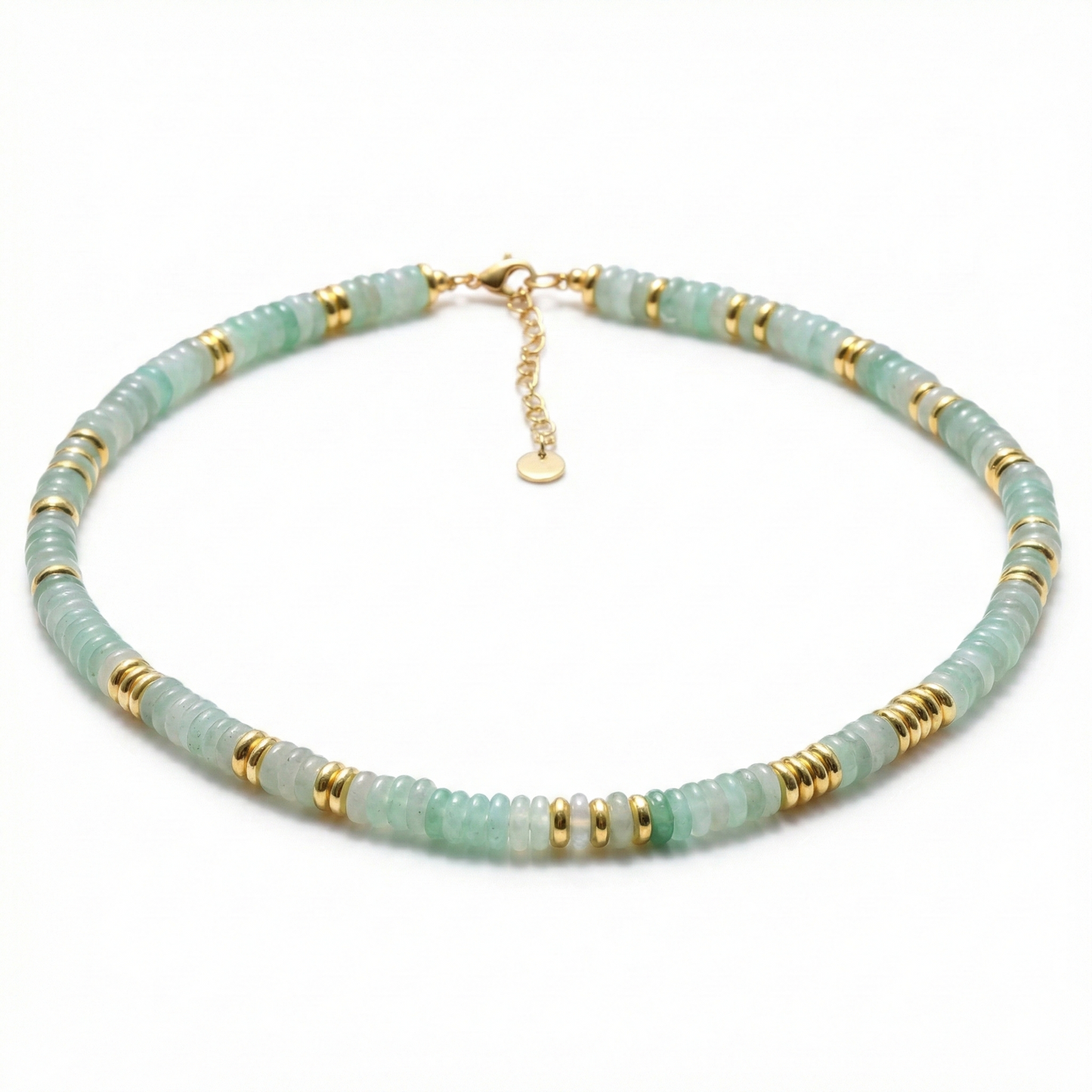 Green Aventurine Natural Stone and Golden Discs Beaded Necklace - Gold Plated 316 Stainless Steel