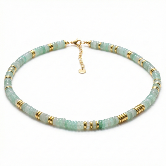 Green Aventurine Natural Stone and Golden Discs Beaded Necklace - Gold Plated 316 Stainless Steel
