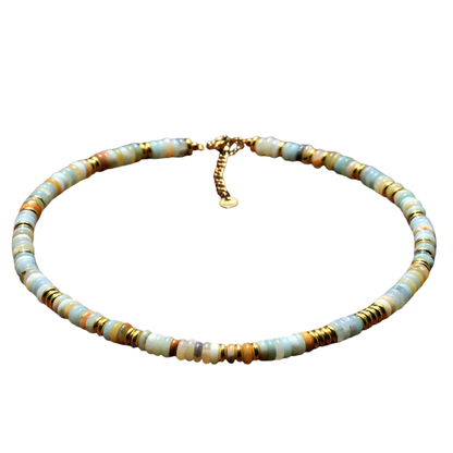 Amazon Stone Natural Stone and Golden Discs Beaded Necklace - Gold Plated 316 Stainless Steel