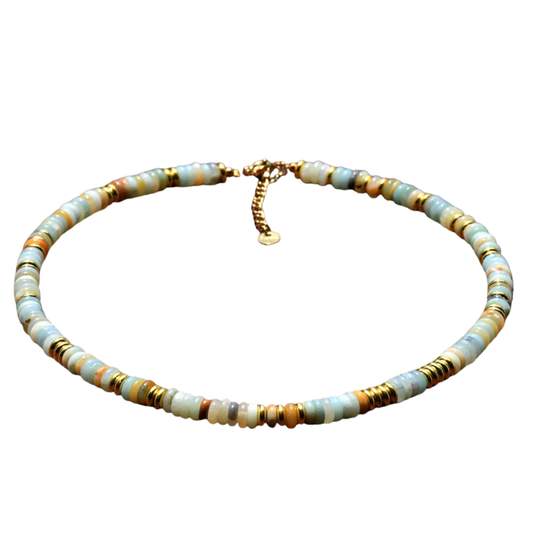 Amazon Stone Natural Stone and Golden Discs Beaded Necklace - Gold Plated 316 Stainless Steel