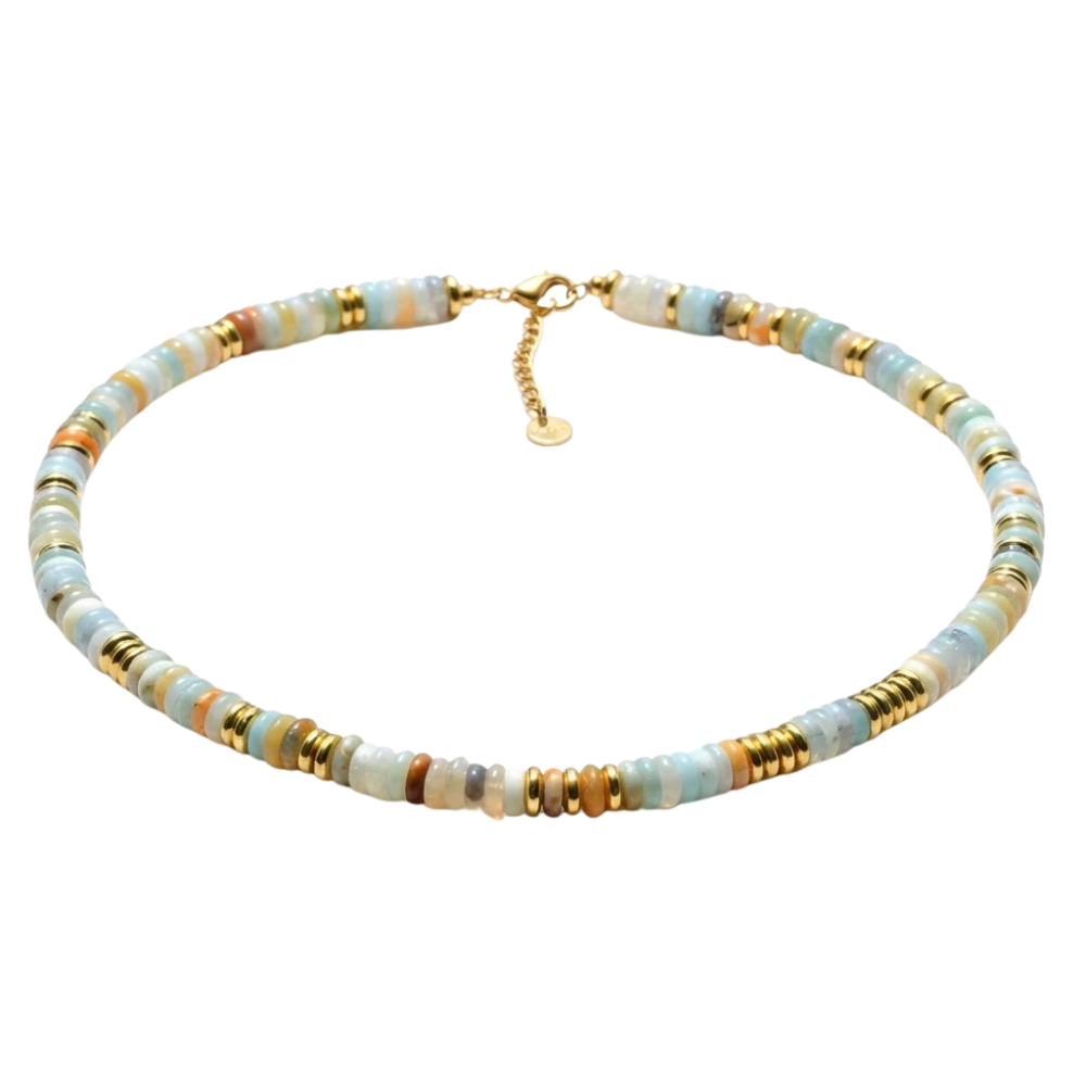 Amazon Stone Natural Stone and Golden Discs Beaded Necklace - Gold Plated 316 Stainless Steel