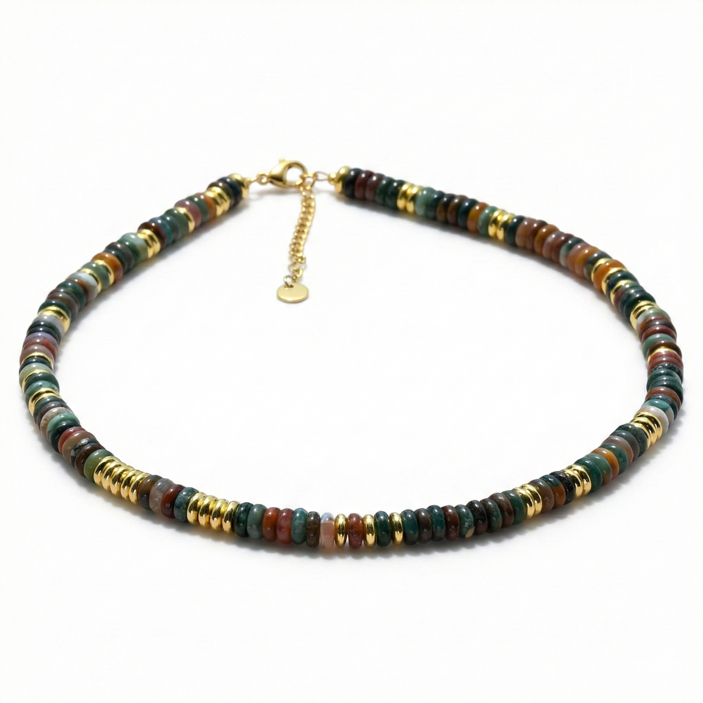 Indian Agate Natural Stone and Golden Discs Beaded Necklace - Gold Plated 316 Stainless Steel
