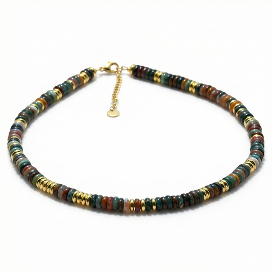 Indian Agate Natural Stone and Golden Discs Beaded Necklace - Gold Plated 316 Stainless Steel