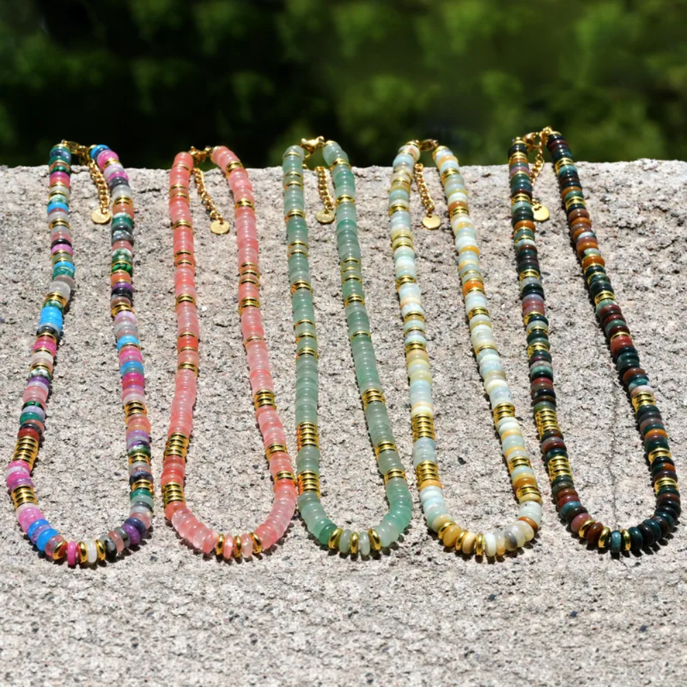 Multicolor Stones Natural Stone and Golden Discs Beaded Necklace - Gold Plated 316 Stainless Steel