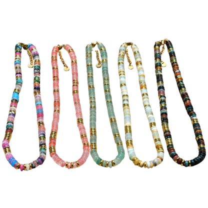 Amazon Stone Natural Stone and Golden Discs Beaded Necklace - Gold Plated 316 Stainless Steel