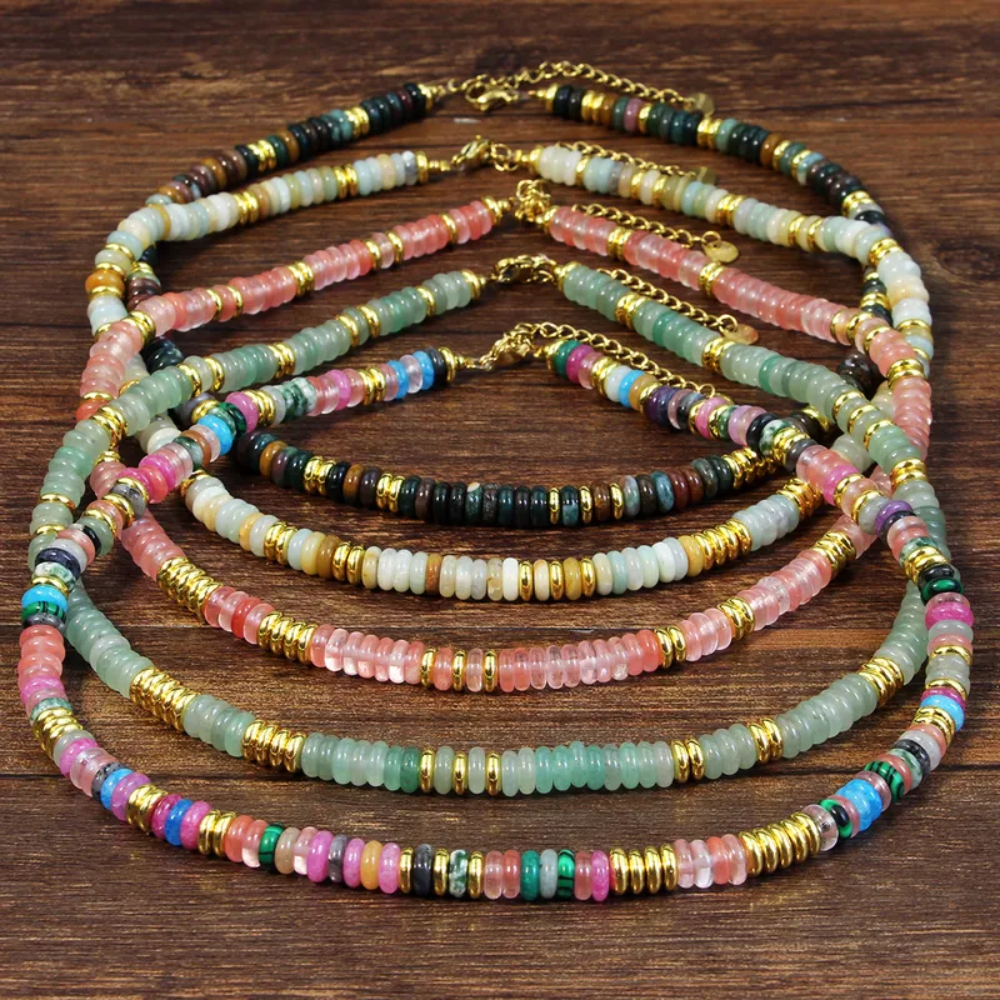 Indian Agate Natural Stone and Golden Discs Beaded Necklace - Gold Plated 316 Stainless Steel