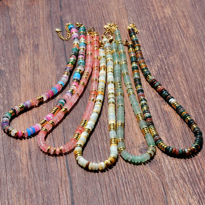 Green Aventurine Natural Stone and Golden Discs Beaded Necklace - Gold Plated 316 Stainless Steel