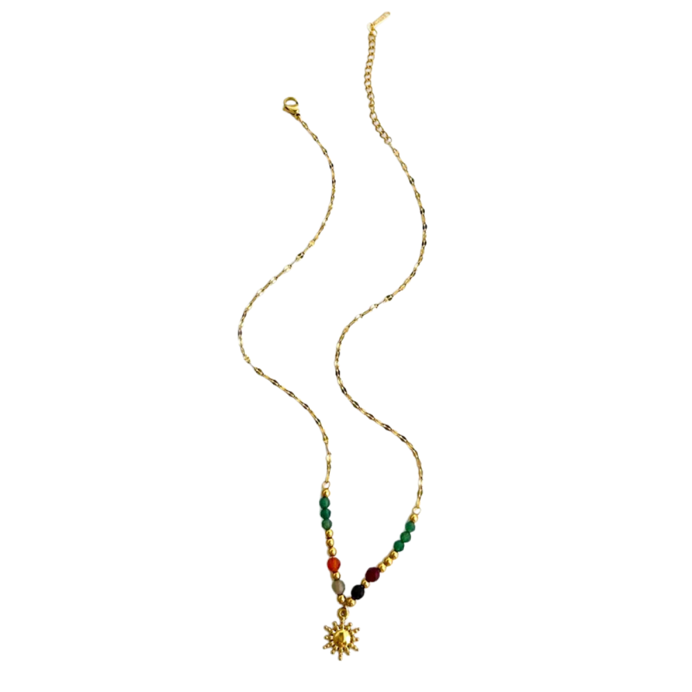 Beaded Sun Pendant Necklace - 18k Gold Plated Stainless Steel